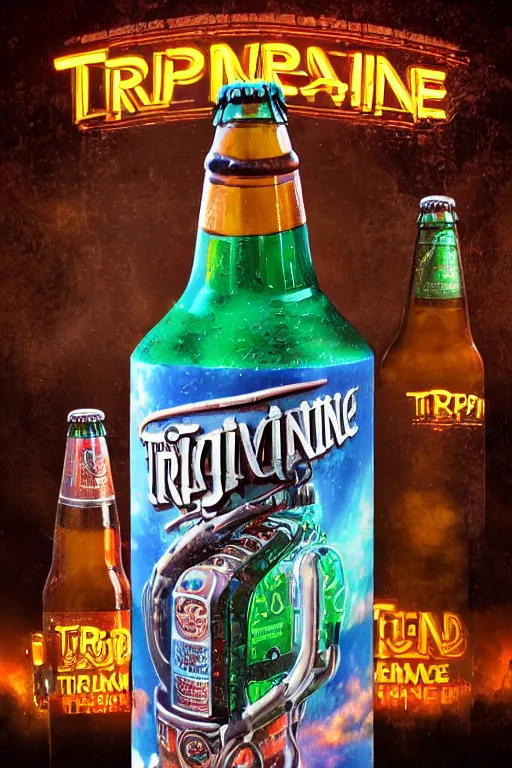 Image similar to advertise photo of a beer bottle, beer is called tripmachine, realistic digital art, label on the bottle is printed with a 3 d render of a huge futuristic steampunk generator, 8 k, fluorescent colors, halluzinogenic, multicolored, exaggerated detailed, unreal engine