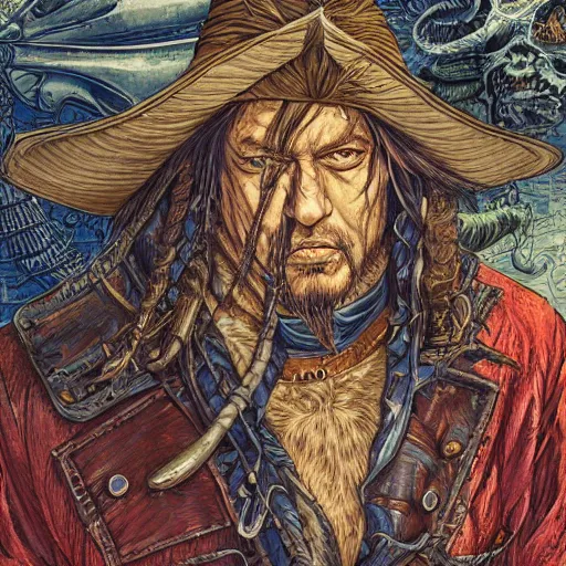 Prompt: portrait closeup of crazy hector barbossa, galleons, symmetrical, hyper detailed, by yoichi hatakenaka, masamune shirow, josan gonzales and dan mumford, ayami kojima, takato yamamoto, barclay shaw, karol bak, yukito kishiro