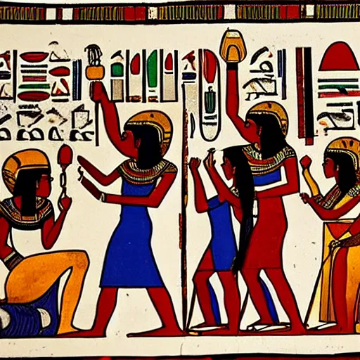 Image similar to egyptian painting of people taking a group selfie