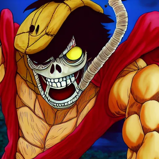 Image similar to portrait painting of skeletor as luffy, art by eiichiro oda, 4 k, one piece artstyle, cel shaded, highly detailed, epic lighting