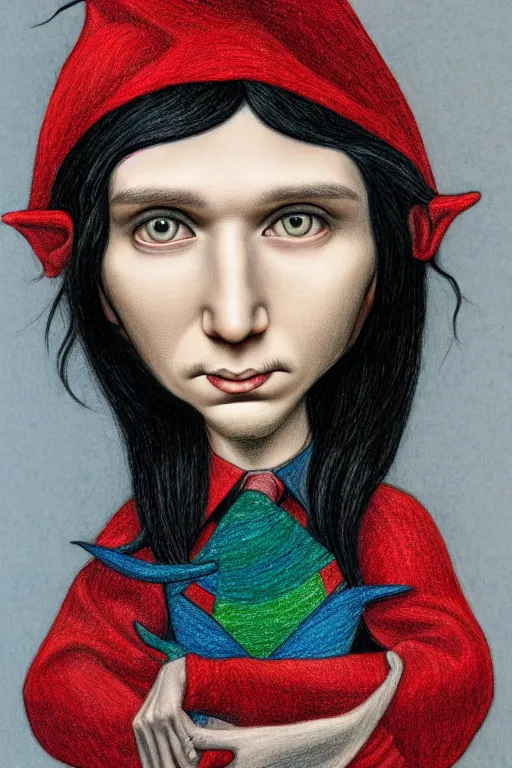 Image similar to multicolor drawing of elf boy with long black hair by mark ryden created at modern world in 4 k ultra high resolution