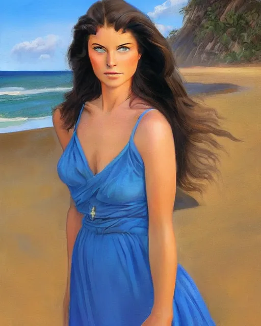 Prompt: a stunning portrait of a beautiful woman. she has really really long brown hair and blue eyes. she's wearing a blue sundress. the beach in the background. digital art by frank frazetta and julie bell, medium shot portrait, highly detailed, trending on artstationhq