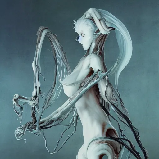 Image similar to an anime by yuji ikehata, of an ethereal ghostly wraith like figure with a squid like parasite latched onto its head and long tentacle arms that flow lazily but gracefully at its sides like a bat like cloak, anime, vhs, grainy, cartoon anime