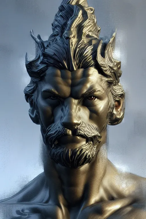 Prompt: portrait of dog as god by greg ruthkowski and craig mullins, norse statue, gorgeous, amazing, flowing hair, muscular, very muscular male body, intricate, highly detailed, 8 k, digital painting