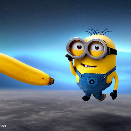 Image similar to minion in space, outside of a rocket, chasing a banana, hyperrealistic render, highly detailed, 4k, artstation