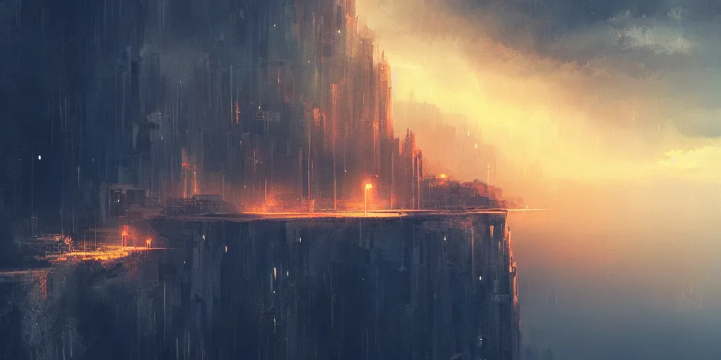 Prompt: a city on a big cliff, eery, scary, dark, lightning, hd 4 k high resolution digital art by alena aenami