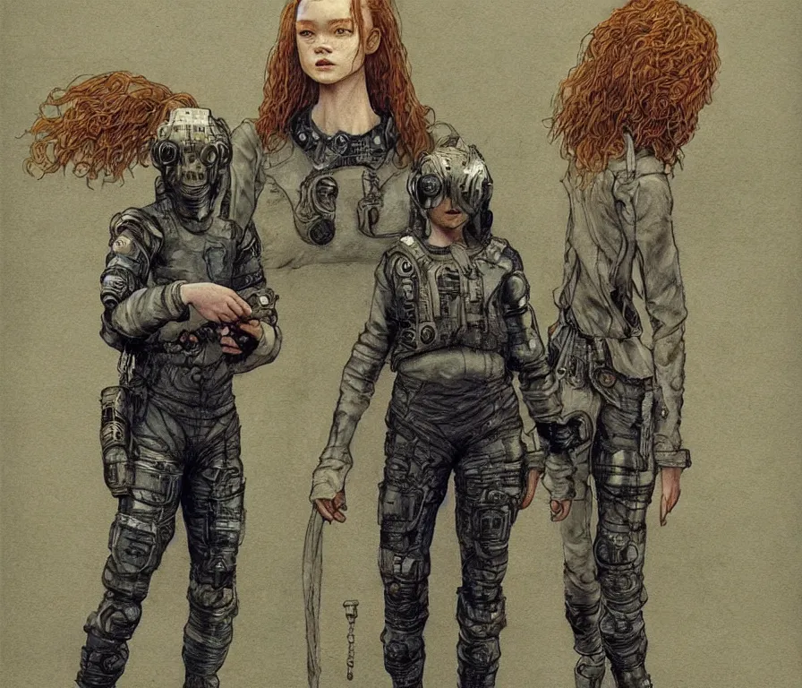 Image similar to sadie sink dressed in oversized school uniform : costume concept for a scifi cyberpunk film. by greg staples and elsa beskow. sharp focus, cinematic atmosphere, detailed and intricate, perfect anatomy