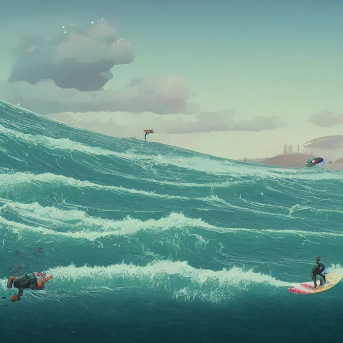 Image similar to surfs up, by simon stalenhag