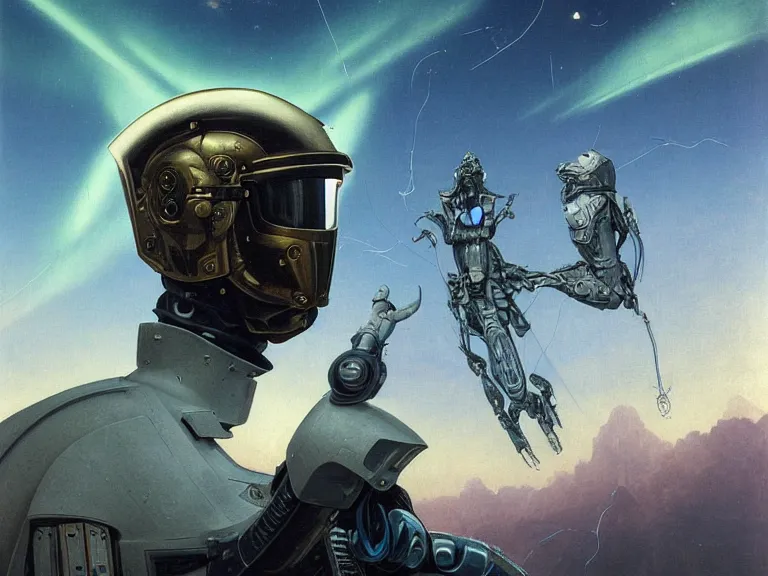 Image similar to a detailed profile painting of a bounty hunter in armour and visor, cinematic sci-fi poster. Spaceship high in the background. Flight suit, anatomy portrait symmetrical and science fiction theme with lightning, aurora lighting clouds and stars. Clean and minimal design by beksinski carl spitzweg and tuomas korpi. baroque elements. baroque element. intricate artwork by caravaggio. Oil painting. Trending on artstation. 8k