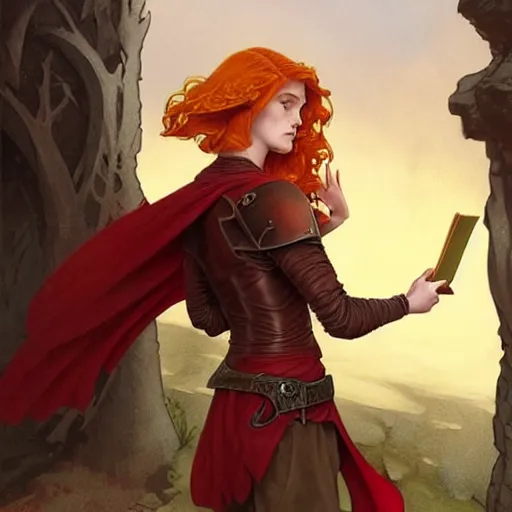 Prompt: an epic fantasy comic book style painting of a young red headed girl with a book in one arm meeting a young boy thief with blonde wearing plain brown leather thief clothes, d & d, fantasy, intricate, elegant, highly detailed, digital painting, artstation, concept art, matte, sharp focus, illustration, art by artgerm and greg rutkowski and alphonse mucha