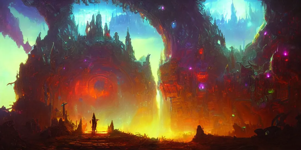 Image similar to fantasy world portal by Paul Lehr dramatic lighting, cinematic establishing shot, extremely high detail, photorealistic, cinematic lighting