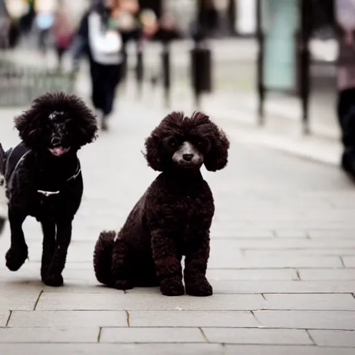 Prompt: black miniature poodle and brown yorskshire terrier best friends walking through london 35mm 4k IMAX sharp focus