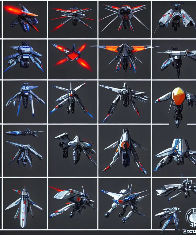 Image similar to 2 d shooter game concept art sprite sheet!!!, robotech gradius outer space concept art, hyperrealism, fine detail, 8 k, 3 d render, artstation contest winner, cgsociety, cryengine, zbrush, vray, no background