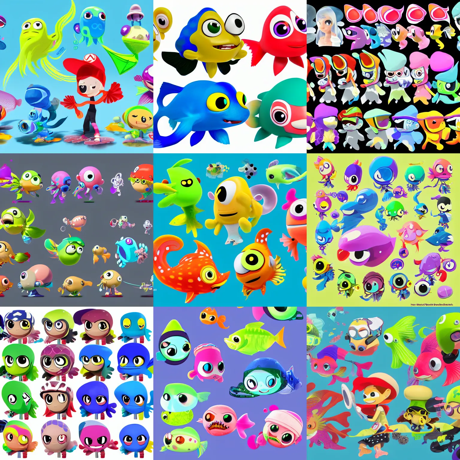 Prompt: character designs for background fish npc characters of various shapes and sizes in the Splatoon franchise by Nintendo, high resolution