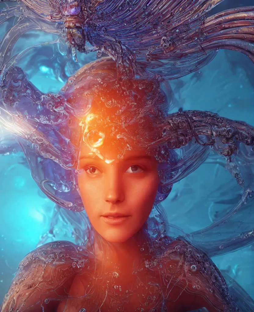 Image similar to close-up macro portrait of the face of a beautiful princess, epic angle and pose, symmetrical artwork, 3d with depth of field, blurred background, cybernetic jellyfish female face skull phoenix bird, translucent, nautilus, energy flows of water and fire. a highly detailed epic cinematic concept art CG render. made in Maya, Blender and Photoshop, octane render, excellent composition, cinematic dystopian brutalist atmosphere, dynamic dramatic cinematic lighting, aesthetic, very inspirational, arthouse. y Greg Rutkowski, Ilya Kuvshinov, WLOP, Stanley Artgerm Lau, Ruan Jia and Fenghua Zhong