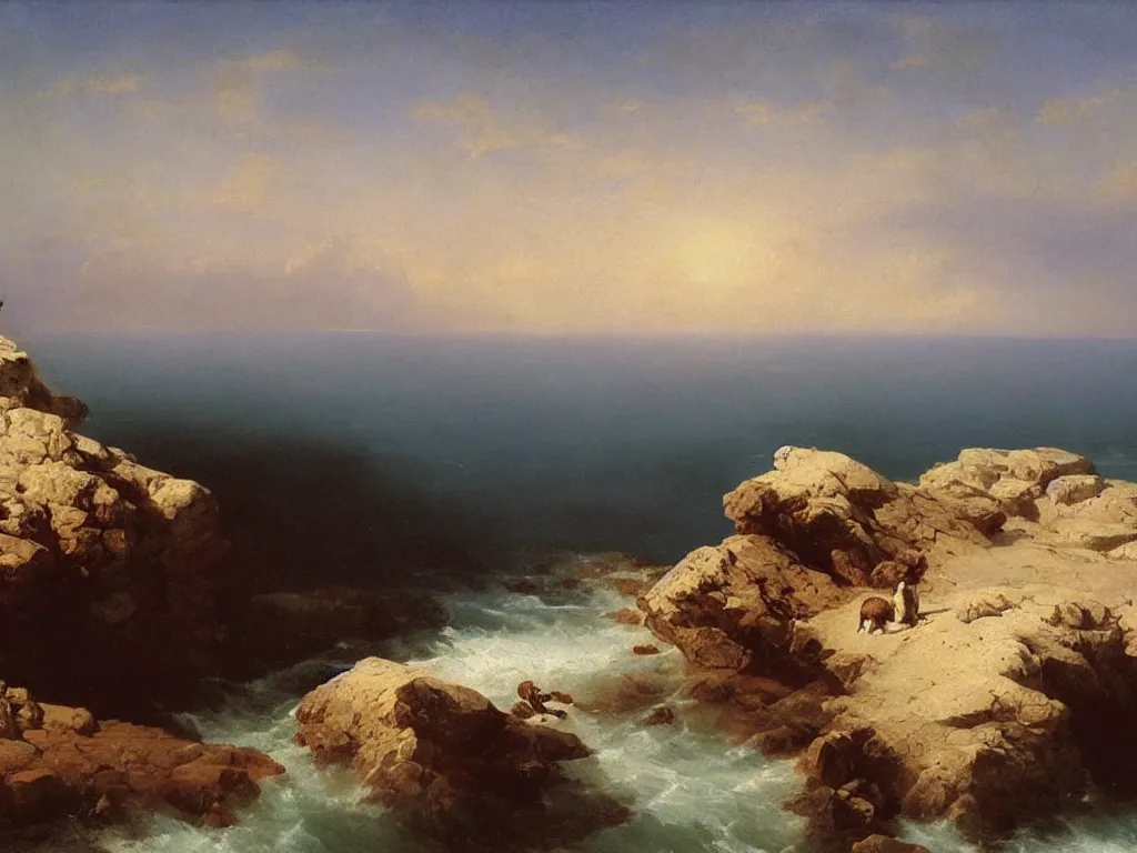 Prompt: big cat the size of a ship over the ocean, rocks, near the shore, aivazovsky style, oil painting, high quality, realism