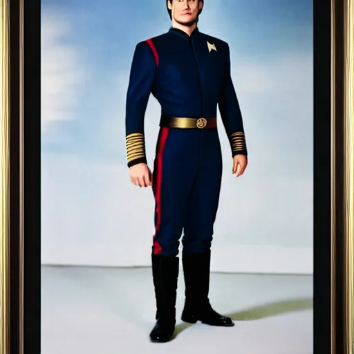 Image similar to a full body photograph of henry cavill as a star fleet captain from star trek next generation, full dress uniform, symmetrical face, extreme realism and detail, 8 k, completely framed, direct lighting, 3 5 mm photo, photorealistic, sharp focus