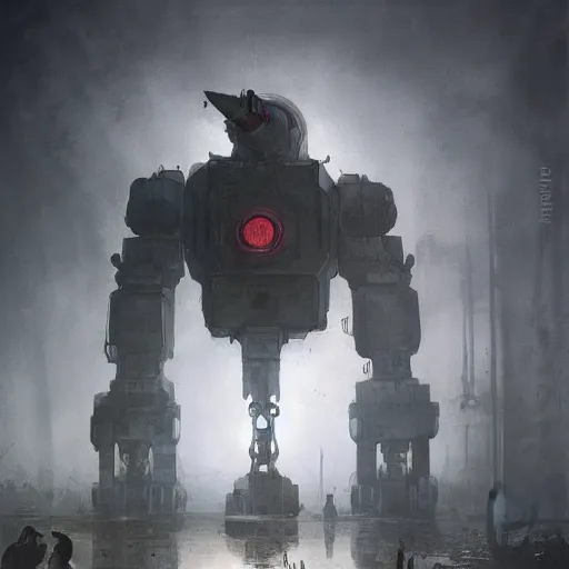 Image similar to gigantic industrial mecha hitler, dense fog, steampunk, jakub rozalski