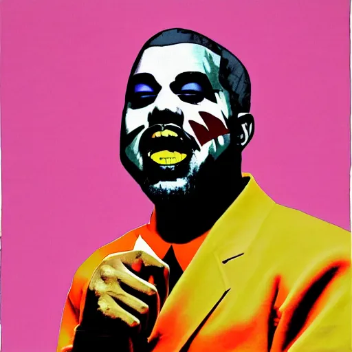 Prompt: kanye west as the joker which dance on the street, on andy warhol style art, hyperrealistic content, high definition content, intricate, delete duplicate content, justify content center, 5 colors