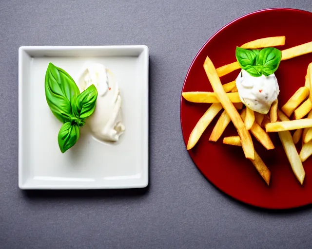 Image similar to dslr food photograph of vanilla ice cream with ketchup on, a leaf of basil on the ice cream, french fries on the side, a bottle of ketchup, bokeh, 8 5 mm f 1. 4