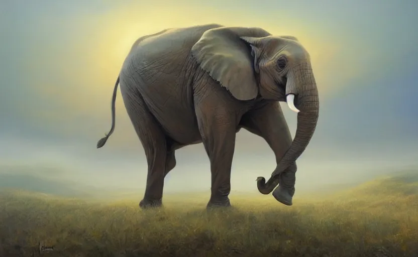Image similar to a masterpiece oil painting of a marching elephant. wide angle, fantasy art, golden hour, by artgerm, fog, finger of god, amazing wallpaper
