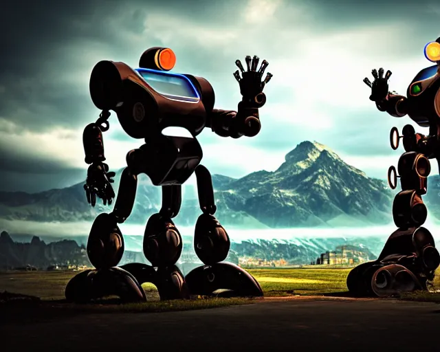 Image similar to two futuristic robot fighting each other, landscape, Cyberpunk, Steampunk, close up, cloudy, mountains on background, peaceful day