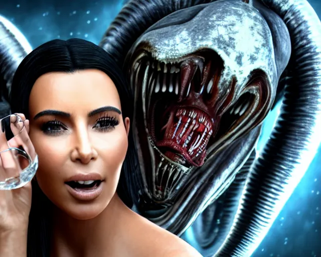 Prompt: cinematic still of kim kardashian being mouth fed by an xenomorph feeding her a transparent alien liquid, wet flowing hair, gooey skin, illustration, unreal engine 5, 8 k, directed by h. r. giger.