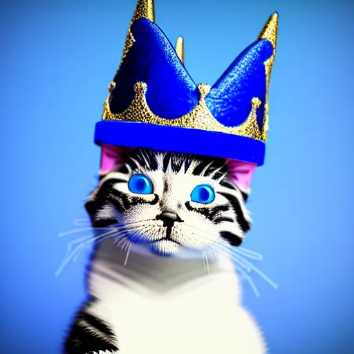 Image similar to toy cat wearing a blue crown , HD , 4k