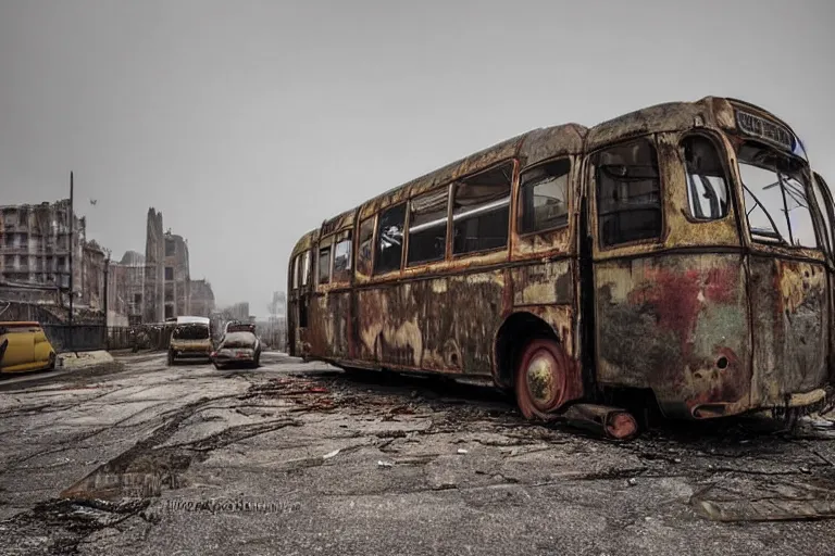 Image similar to low wide angle shot of dilapidated fallout 5 europa, european cityscapes, desolate, dilapidated neon signs, few rusted retro futuristic vintage parked vehicles like cars, buses, trucks, trams, volumetric lighting, photorealistic, fog, daytime, autumn, overcast weather, sharp focus, ultra detailed, 4 0 0 0 k