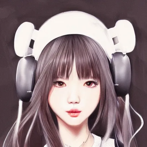 Image similar to realistic detailed semirealism beautiful gorgeous natural cute Blackpink Lalisa Manoban black hair black cat ears, wearing white camisole outfit, headphones, black leather choker artwork drawn full HD 4K high resolution quality artstyle professional artists WLOP, Aztodio, Taejune Kim, Guweiz, Pixiv, Instagram, Artstation