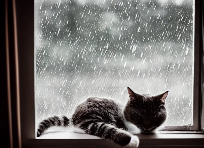 Image similar to photography of a Cat . watching outside the window while it rains. on a bed. in a 70's room full of vinyls and posters, photorealistic, raining award winning photo, 100mm, sharp, high res