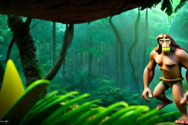 Image similar to cartoon tarzan in the jungle, screenshot in a typical pixar movie, disney infinity 3 star wars style, volumetric lighting, subsurface scattering, photorealistic, octane render, josh black