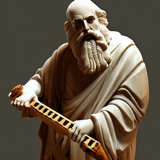 Image similar to epic greek marble statue of a grumpy bald man with a long beard, holding a marble guitar over his head, photo, chiaroscuro