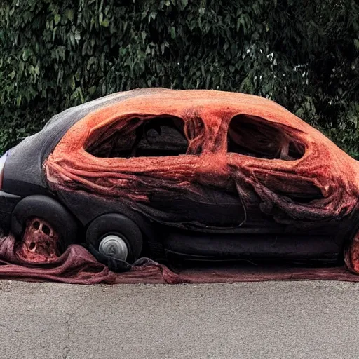 Image similar to car covered in human skin