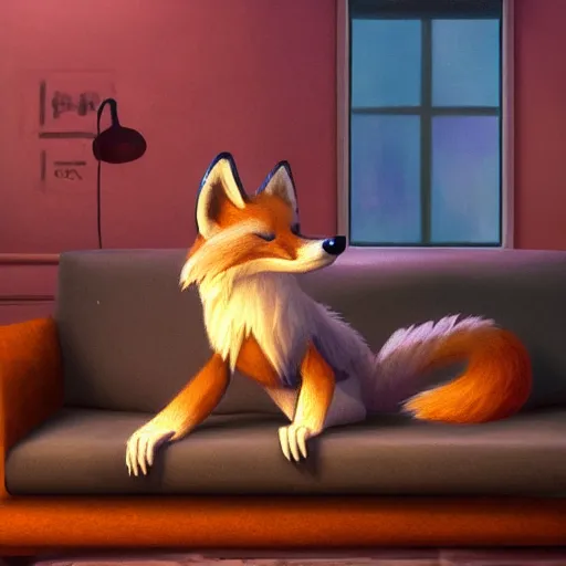 Image similar to an anthropomorphic fox wearing a t-shirt and jeans sitting on a couch, 8k resolution matte fantasy painting, cinematic lighting, DeviantArt, Artstation, furry, anthro, anthropomorphic, furaffinity, cartoon, disney