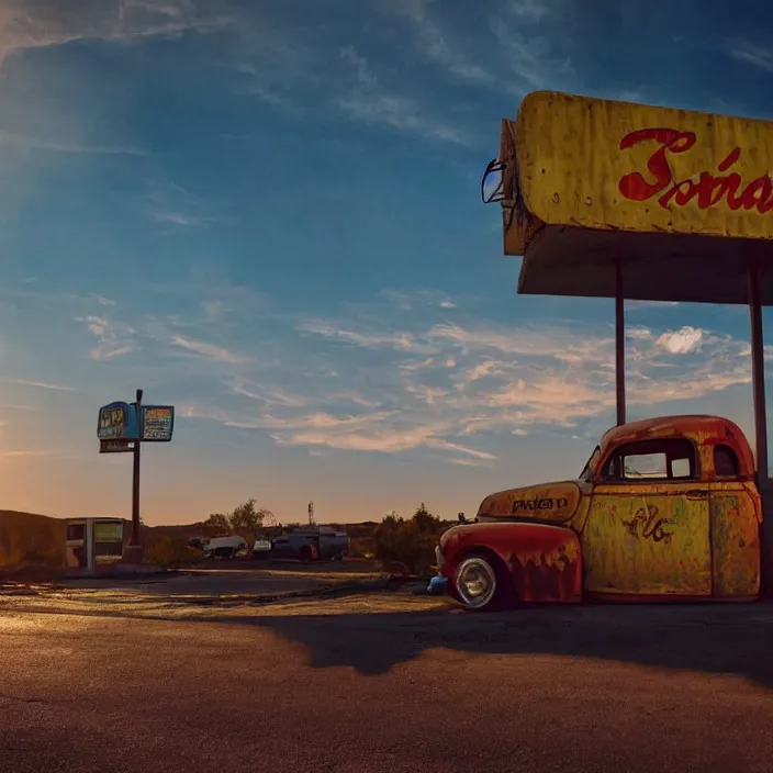 Image similar to a sunset light landscape with historical route 6 6, lots of sparkling details and sun ray ’ s, blinding backlight, smoke, volumetric lighting, colorful, octane, 3 5 mm, abandoned gas station, old rusty pickup - truck, beautiful epic colored reflections, very colorful heavenly, softlight