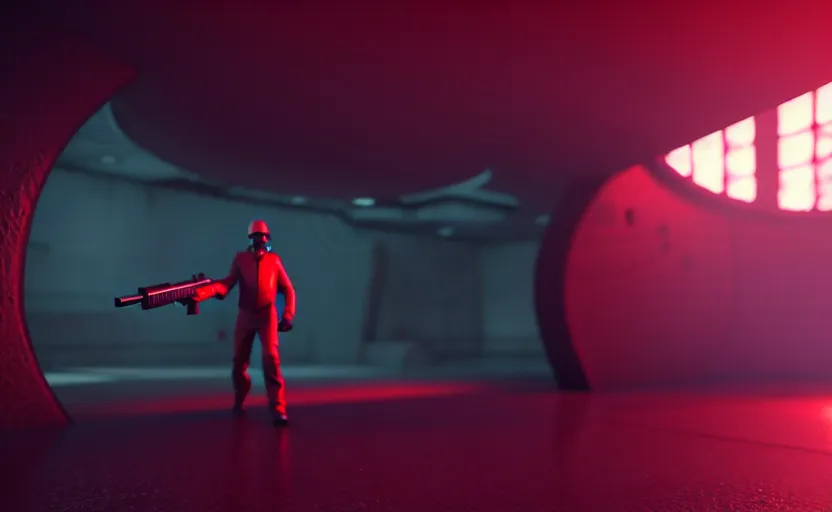 Image similar to in-game screenshot of a dark red hazmat scientist holding a gun walking on unreal engine 5, in a liminal underground garden, photorealistic, octane render, retrofuturism, brutalism, staggered terraces, minimalist