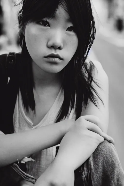 Image similar to a beautiful gorgeous Japanese edgy model girl with short hair, she's sad, sunset, street of Hong Kong, 80mm lens, 1.2 aperture, grainy image, close up, cinematic light, very detailed, depressing atmosphere, cover magazine