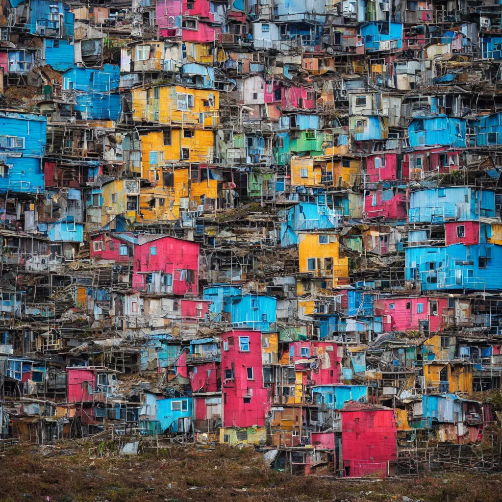 Image similar to a tower made up of colourful makeshift squatter shacks, dystopia, sony a 7 r 3, f 1 1, fully frontal view, photographed by tekla evelina severin, ultra detailed,