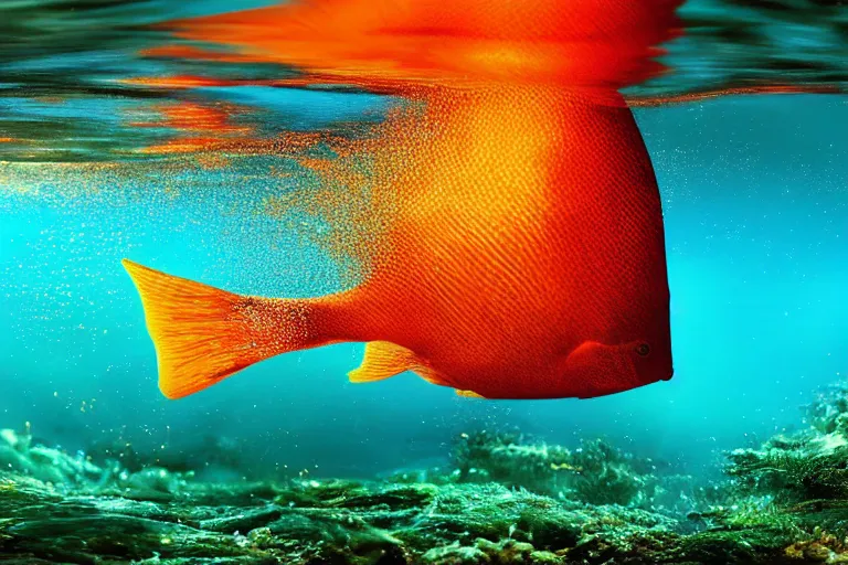 Prompt: ultra realistic underwater photography, panoramic picture of a river with ( subject : a very big exotic brightly coloured fish ). lots of bubbles. wavy, scattered light entering from the water surface, artstation, focus on the fish, extremely hyperrealistic crisply sharp fish, 8 k