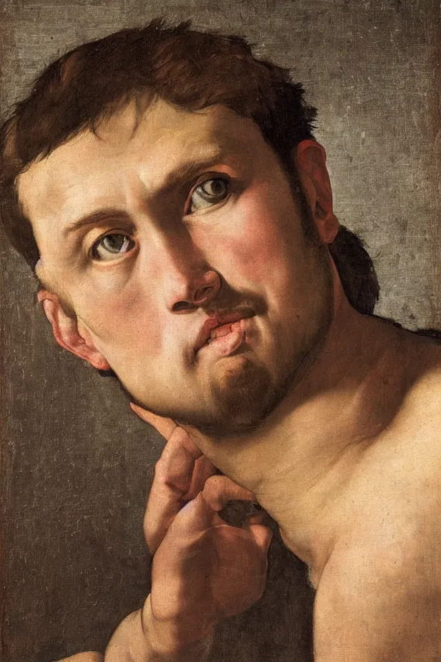 Prompt: hyper realistic portrait of Ciro Immobile in the 16th century , drammatic Light , Art by Caravaggio