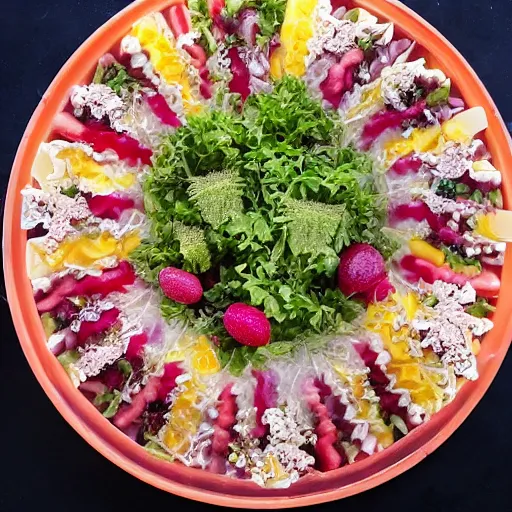 Image similar to photo of a 1970s jellied salad full of tiny humans