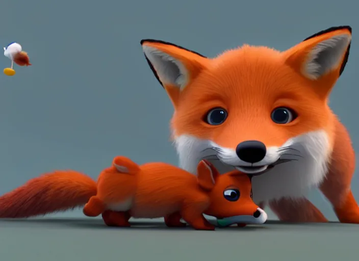 Image similar to A cute fox caught a chicken in his mouth, 3D pixar animation, 4k