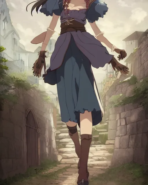 Image similar to key anime visual portrait of a young female walking through a medieval village, perfect anime face, dynamic pose, dynamic perspective, detailed silhouette, detailed, intricate