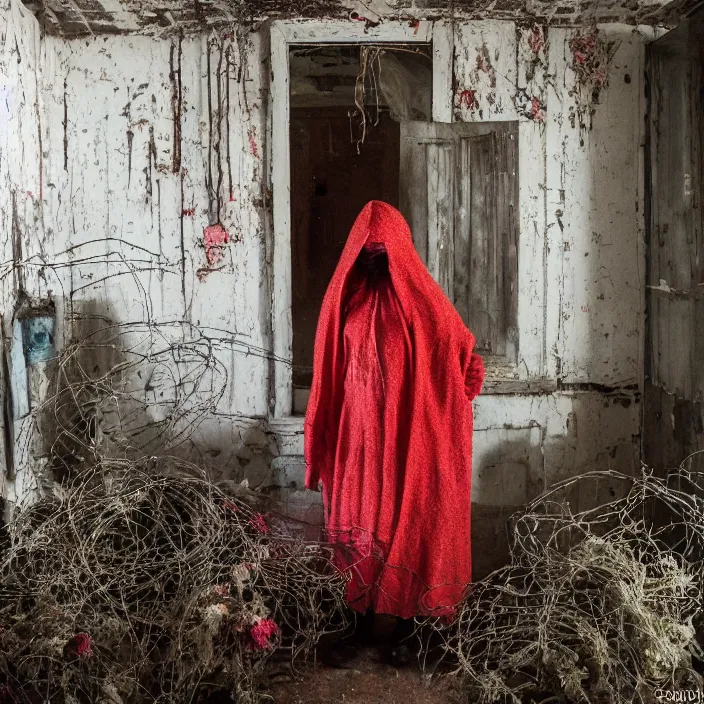 Image similar to a woman wearing a hooded cloak made of zinnias and barbed wire, in a derelict house, by Manny Librodo, natural light, detailed face, CANON Eos C300, ƒ1.8, 35mm, 8K, medium-format print