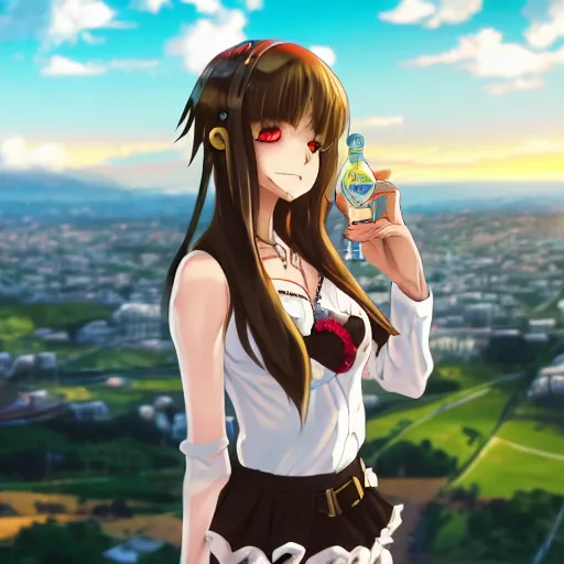 Image similar to closeup of an Anime girl with an transparent Aguardiente Cristal Sin Azucar bottle in her hand with the city of Armenia Quindio in the background, Artwork by Makoto Shinkai, official media, 8k, pixiv, high definition, wallpaper, hd, digital artwork