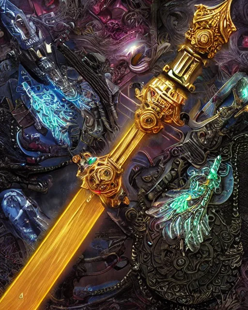 Prompt: legendary glowing sword of cybernetic technology on a table, digital award winning artwork, intimate, intricate, long sharp black and iridescent blade, ornate spikes, colorful hilt, vivid detailed realistic, raytraced blade, colored gems, golden pommel, by yoshitaka amano and deviantart