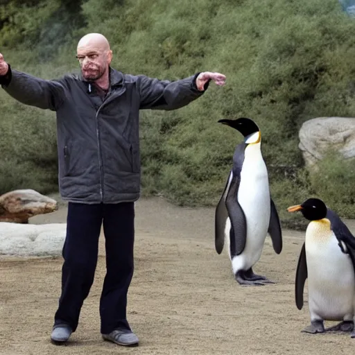 Prompt: walter white pointing at penguins in a zoo