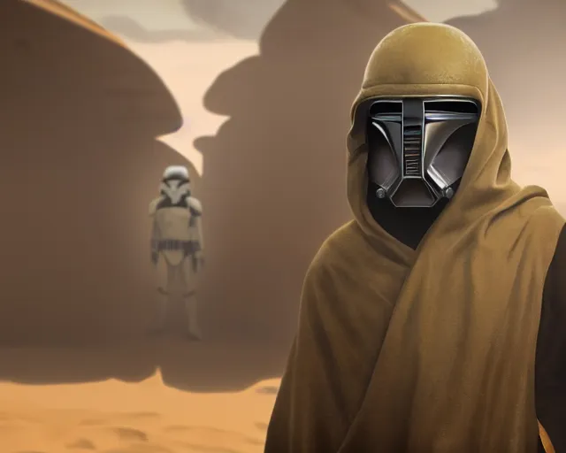 Prompt: star wars film still, closeup portrait of a dirty sand trooper mandalorian bounty hunter wearing a hooded cloak, standing in a cantina, dust, scum and villainy, rim light, embers, hyper detailed, smooth, high contrast, concept art, gta v, volumetric lighting, ralph mcquarrie, doug chiang, ryan church