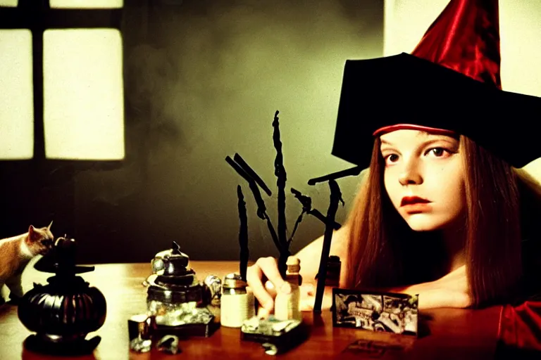 Prompt: close up portrait, dramatic lighting, concentration, calm confident teen witch and her cat, tarot cards displayed on the table in front of her, sage smoke, magic wand, a witch hat and cape, apothecary shelves in the background 1 9 7 0's photo, damaged film